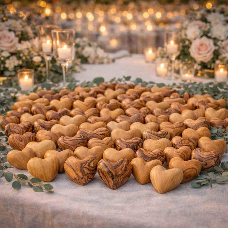 May include: A large collection of small, smooth, heart-shaped wooden carvings with distinct natural grain patterns, arranged on a light-colored fabric surface surrounded by scattered green eucalyptus leaves and soft-focus candlelight.
