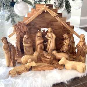 Wooden Nativity Set Handmade Nativity Scene , Olive Wood Nativity Stable Large , Nativity Christmas Decoration , Holy Land Nativity Gift