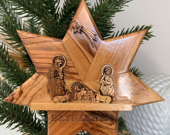 Nativity Scene Star Tree Topper Ornament 6", Olive Wood Ornament, Can be used for your tree or Wall décor, Hand Carved Nativity Scene