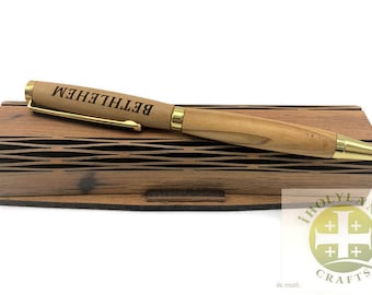 Olive Wood Pen and Laser Cut Box Set, Bethlehem Handmade Ballpoint Pen