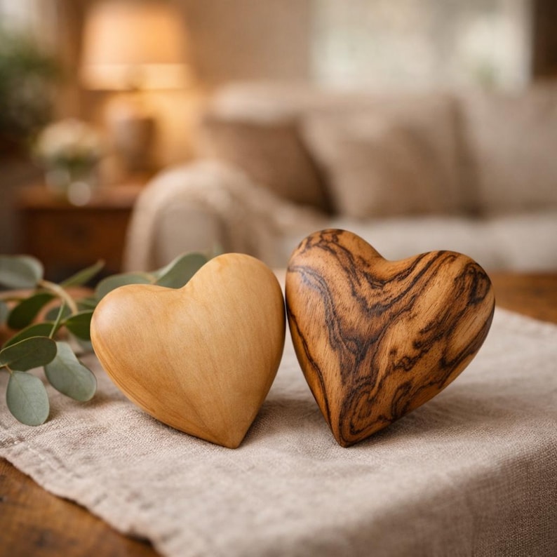 May include: Two smooth, heart-shaped wooden objects. One heart is crafted from light-toned wood with a uniform grain, while the other features a darker, prominent wood grain pattern with swirling brown and tan streaks. A sprig of eucalyptus sits nearby.