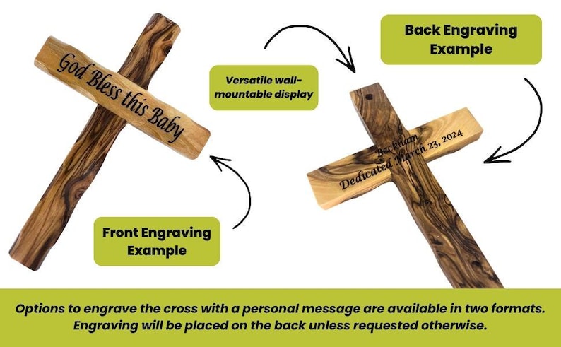 May include: Wooden cross with the text "God Bless this Baby" engraved on the front. The back of the cross shows an example of engraving with the text "Beckham Dedicated March 23, 2024". The cross is a versatile wall-mountable display.