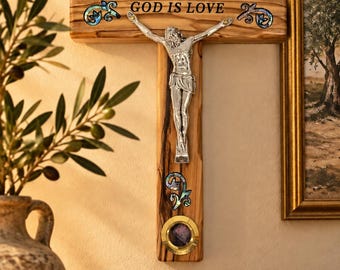 Hand Carved Olive Wood Crucifix with Mother of Pearl Inlay, Holy Land Wall Cross
