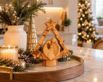 Olive Wood Nativity, Hand Carved Bethlehem Holy Land Christmas Decor, 4.25 Inch