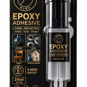 Puede incluir: Un aplicador de doble jeringa de adhesivo epoxi Kin Boru en un empaque de plástico negro y transparente. La etiqueta presenta texto dorado que dice Epoxy Adhesive, 5 Mins Fast-Setting y 24ml (A + B). Iconos ilustran su uso en cerámica, metal, madera y plástico.