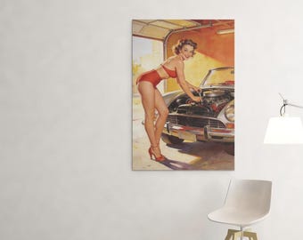 Vintage 1950s Mechanic Pinup Girl Working on Classic Car #1