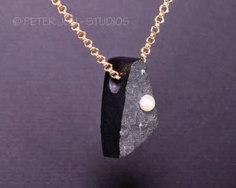 BASALT and PEARL, Natural Oregon Stone, Druzy Pendant With Cultured Pearl, Black Druzy, Organic