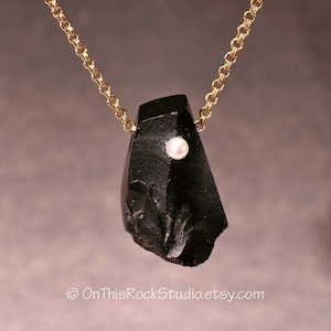 BASALT and PEARL, Natural Raw Surface Oregon Stone, Rich Black Pendant With Cultured Pearl, Organic