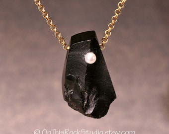 BASALT and PEARL, Natural Raw Surface Oregon Stone, Rich Black Pendant With Cultured Pearl, Organic