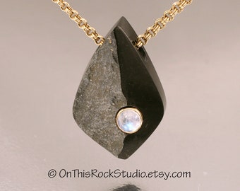 BASALT and RAINBOW MOONSTONE, Natural Oregon Stone Pendant With Multi-Color Moonstone