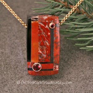 OSSO DE DINOSSAURO, Jaspe VERMELHO, Pingente de Intarsia, Incrustação de Pedra Natural com Granada Vermelha, Colar de Pedra Semipreciosa
