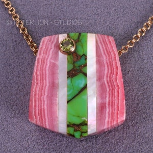 Rhodocrosite, Green Turquoise, Natural Stone Pendant, with Peridot in 14k Gold, Rock Intarsia, Lapidary Jewelry