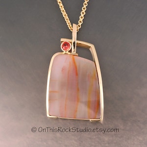 PETRIFIED WOOD and 14k Gold, with Orange Sapphire, Handmade pendant, Necklace