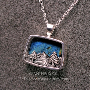 Spectrolite, Labradorite, Mountain Scene Pendant. Northern Lights, Aurora Borealis, in Sterling Silver