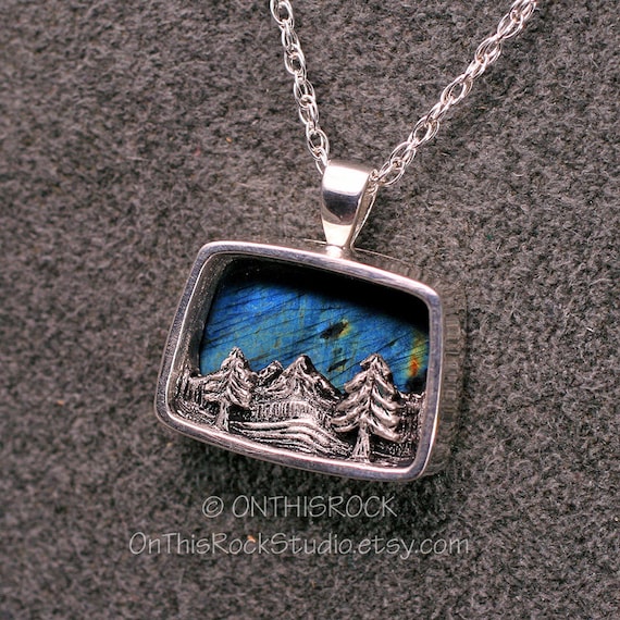 Spectrolite, Labradorite, Mountain Scene Pendant. Northern Lights, Aurora Borealis, in Sterling Silver