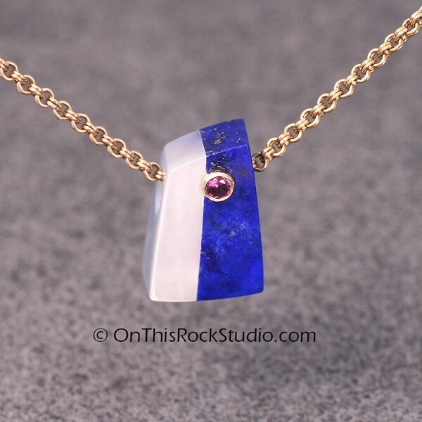 Delicate and Petite, Lapis Pendant with Mother Of Pearl, and Pink Sapphire, Inlay Pendant, Intarsia, Stone Inlay Semi Precious Stone