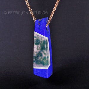 Lapis and Moss Agate, Lapidary Pendant, Natural Stone Pendant, Rock Intarsia, Stone Intarsia