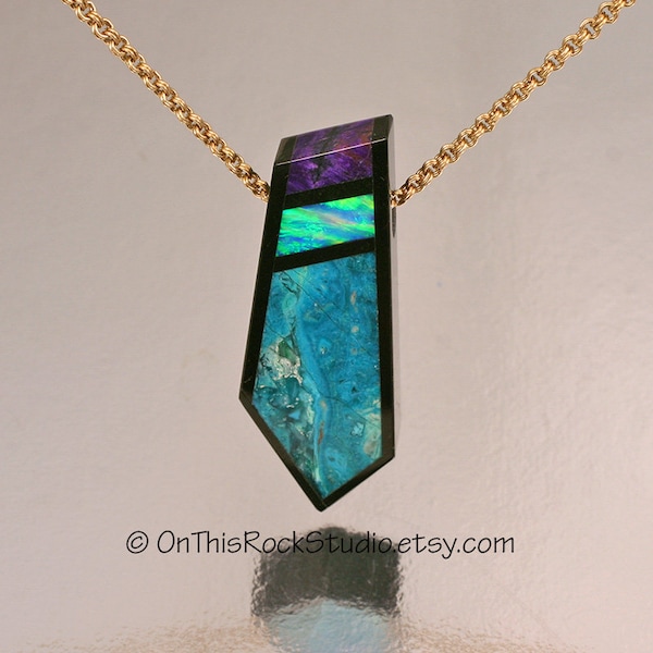 Vivid Opal, Sugilite, Chrysocolla, in a Black Jade border, Intarsia Stone Pendant, Lapidary, Rock Necklace,