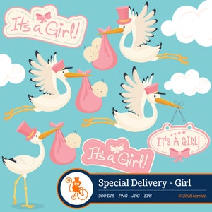 Spezielle Lieferung Clipart, Baby Clipart, Vektor Storch, es ist ein Mädchen Clipart, Vektorgrafik, Baby Mädchen Clipart, Storch Clipart, Mädchen Clipart