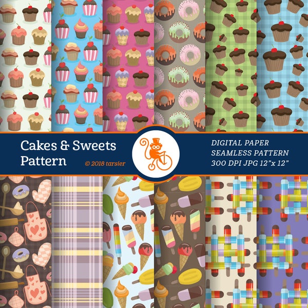 Cakes and sweets digital paper, Clipart and Papers Kit, Instant Download kitchen cooking baking set, cakes, muffins, popsicles, donuts