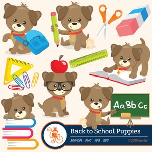 Clip art de volta às aulas de filhotes, vetor, gráficos, clipart digital, imagens digitais, clipart de filhotes, clipart digital escolar, clipart de cachorro