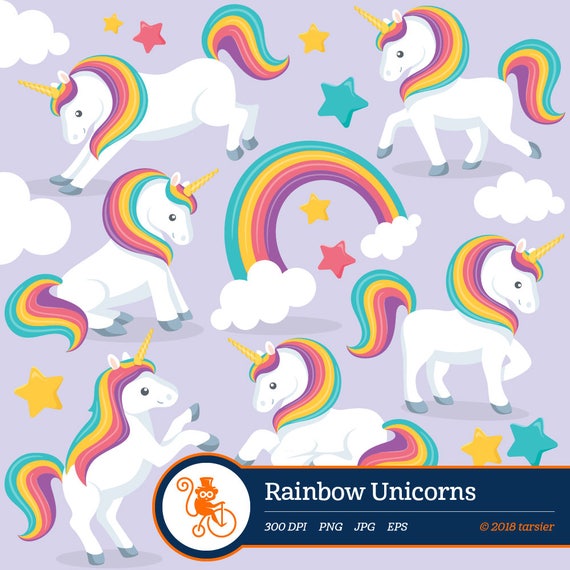 Rainbow Unicorns Clipart Rainbow Digital Clipart Vector Etsy