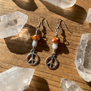 Handmade Mini Mushroom Dangle Earrings with Peace Sign Charm