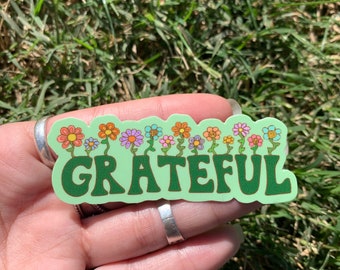 Green Grateful Sticker with Flowers 3 inch Sticker