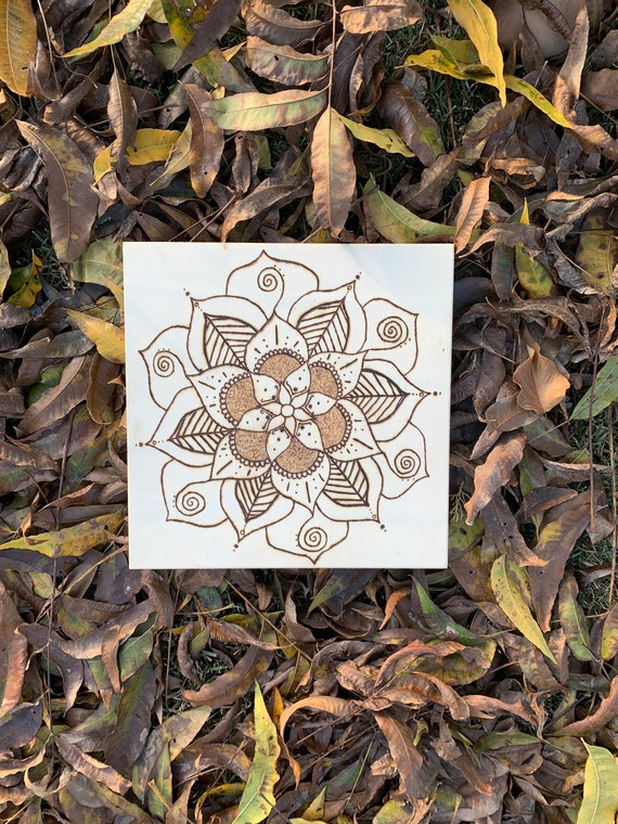 Handmade 12x12 inch Flower Mandala Wood Burned Wooden Canvas , Mandala Wall Decoration