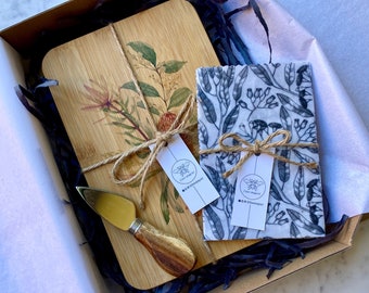 Coffret cadeau Australian All About The Cheese - Planche de bois + couteau + emballage en cire d'abeille dans une boîte