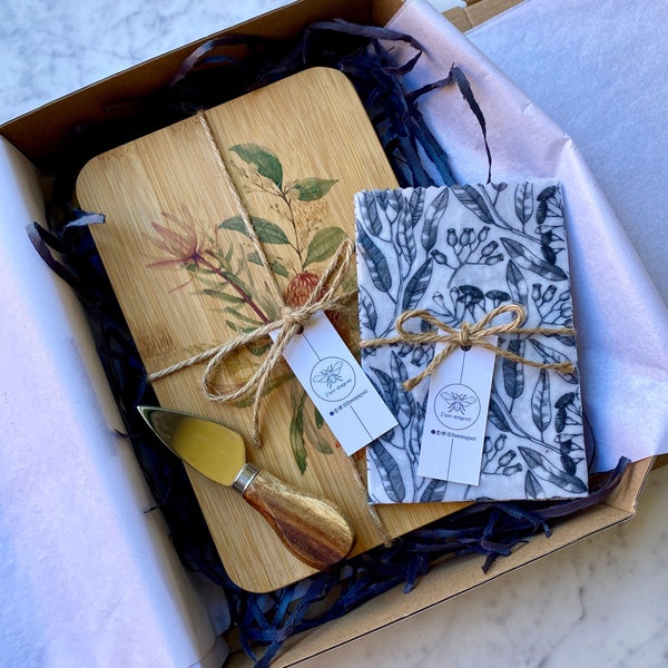 Australian All About The Cheese Gift Pack - Timber Board + Knife + Beeswax Wrap in Box