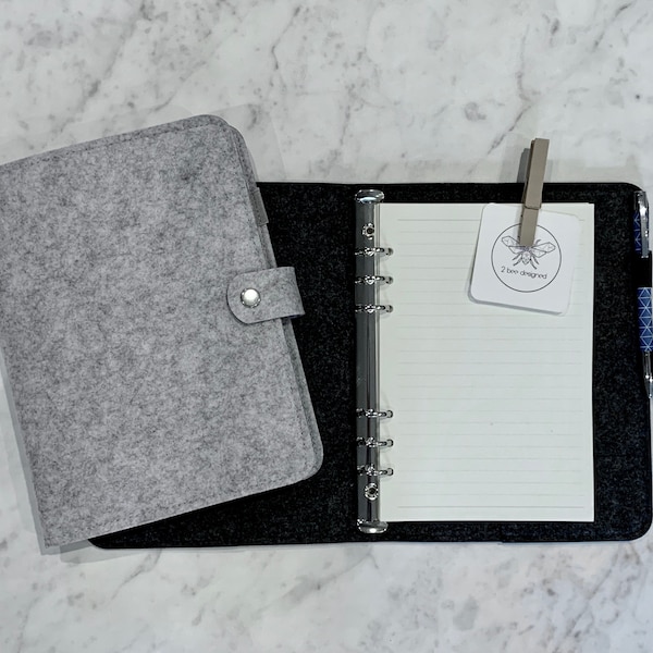 Silver + Ash Dark Grey A5 Felt Notebook Diary 6 Ring Binder with Lined Inserts