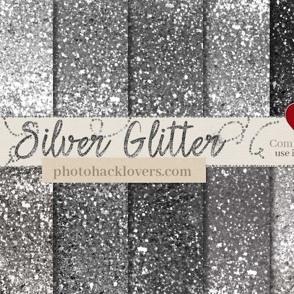 Silber glitzerndes digitales Papier: "SILVER & GLITTER" mit silber glitzernden Hintergründen, Texturen für Scrapbooking, Karten, Einladungen, Party