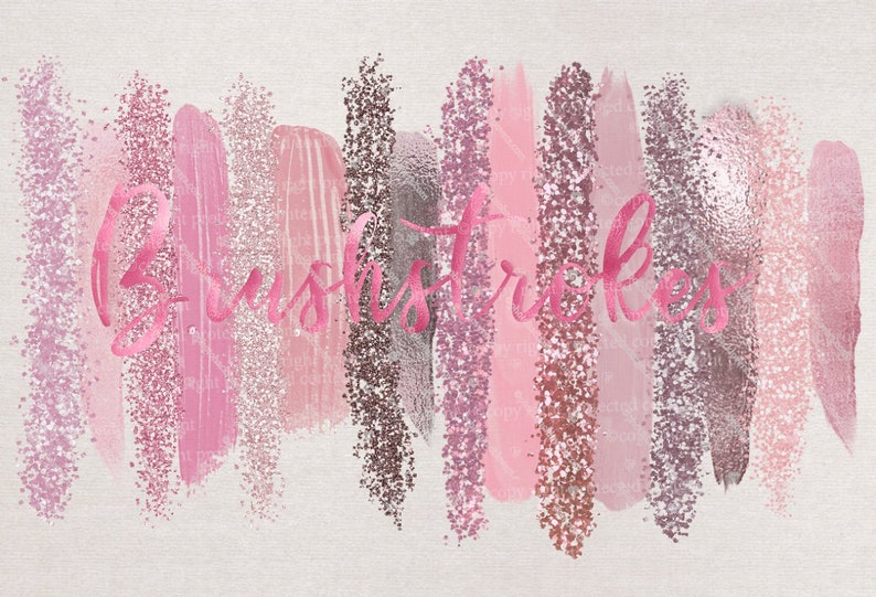 Puede incluir: Una colecci&oacute;n de pinceladas de purpurina rosa, oro rosa y plata. La palabra "Brushstrokes" est&aacute; escrita en cursiva rosa.