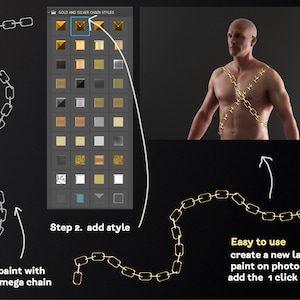 May include: A tutorial showing how to add a gold chain style to a photo using a Photoshop brush and a one-click style. The image shows a chain drawn in white, a man with a gold chain across his chest, and a selection of gold and silver chain styles.