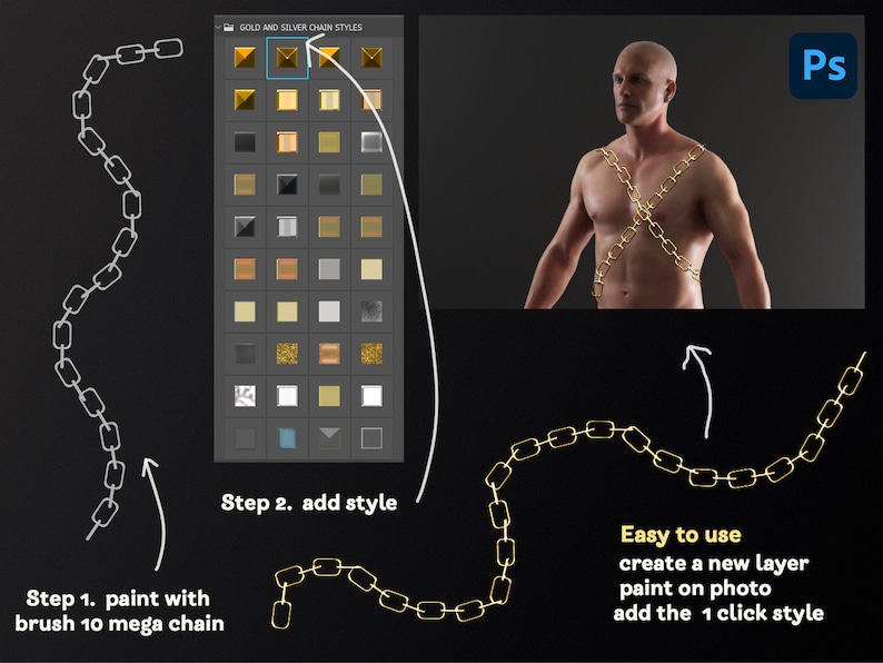 May include: A tutorial showing how to add a gold chain style to a photo using a Photoshop brush and a one-click style. The image shows a chain drawn in white, a man with a gold chain across his chest, and a selection of gold and silver chain styles.