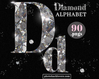 May include: A set of 90 diamond alphabet letters, each letter is made of sparkling silver diamonds. The letters are on a black background with a glittery texture. The text "Diamond Alphabet" is above the letters and the number "90" is below the letters.
