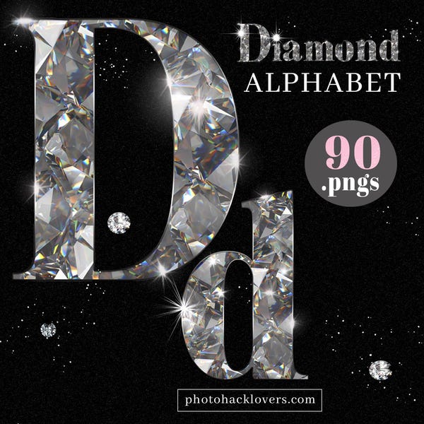 Diamond Alphabet Clipart, Shiny Silver PNG Letters, 90 Digital Files Download
