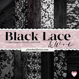 Black Lace DIGITAL PAPER- black and white digital paper- wood lace- lace scrapbook paper- Digital invitation-Lace background-lace mesh