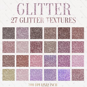Puede incluir: Un conjunto de 27 texturas digitales de purpurina en varios tonos de rosa, morado, marr&oacute;n y verde. Las texturas son de 30,48 x 30,48 cm y 300 DPI.