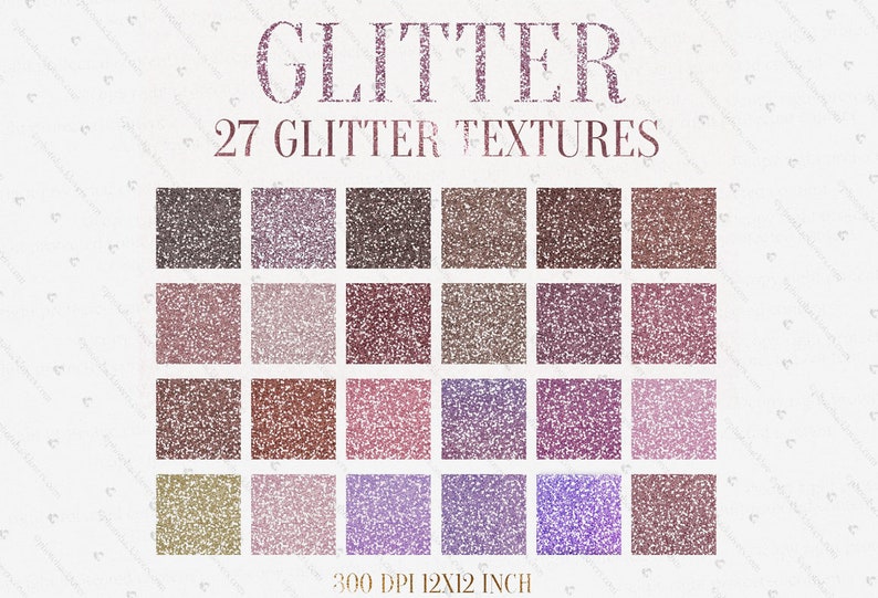 Puede incluir: Un conjunto de 27 texturas digitales de purpurina en varios tonos de rosa, morado, marr&oacute;n y verde. Las texturas son de 30,48 x 30,48 cm y 300 DPI.