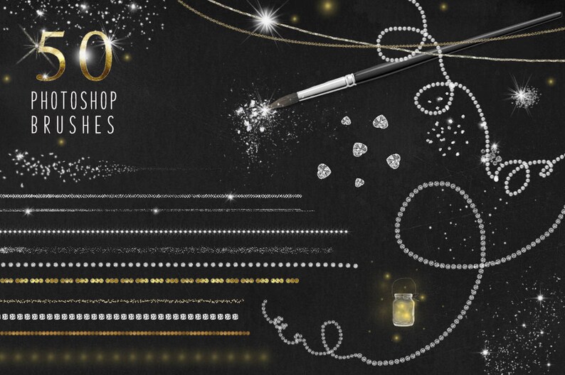May include: 50 Photoshop brushes featuring sparkling glitter, diamond-like shapes, and gold accents. The brushes are perfect for adding a touch of glamour to your digital designs.