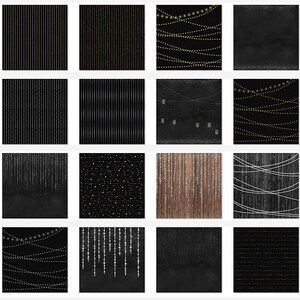 May include: A set of 16 digital backgrounds featuring various patterns of black and white string lights, black and white stripes, and black and white polka dots. The backgrounds are perfect for creating digital invitations, social media graphics, or other digital projects.