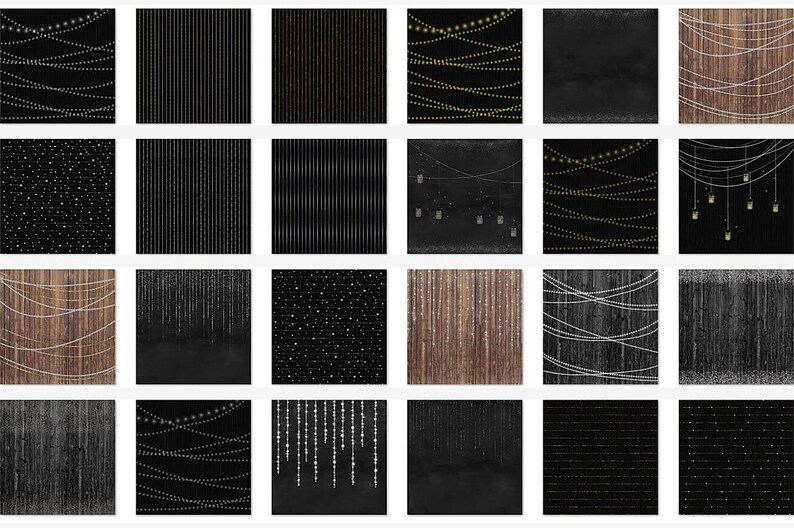 May include: A set of 16 digital backgrounds featuring various patterns of black and white string lights, black and white stripes, and black and white polka dots. The backgrounds are perfect for creating digital invitations, social media graphics, or other digital projects.