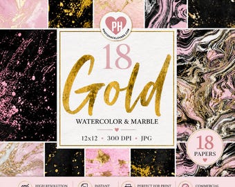 Watercolor Marble Digital Paper: Gold Foil, Black and Pink Textures