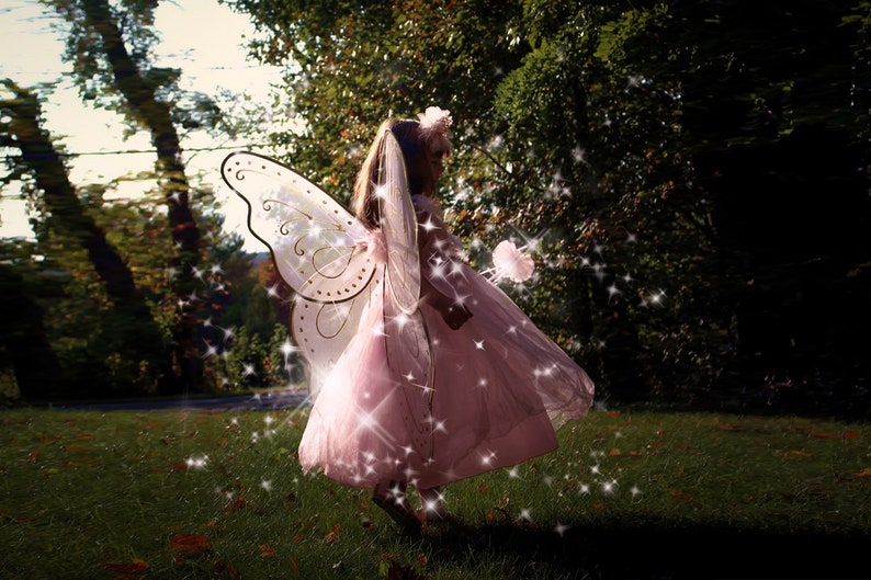May include: A young girl dressed as a fairy with pink tulle wings and a pink dress, holding a wand with a pink flower on the end. She is standing in a grassy area with trees in the background.