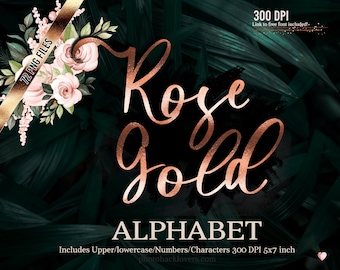 May include: Rose gold alphabet font graphic with 72 PNG files. The letters are in a cursive style and are set against a dark green background with pink flowers. The text includes "Rose Gold Alphabet" and "Includes Upper/lowercase/Numbers/Characters 300 DPI 5x7 inch".