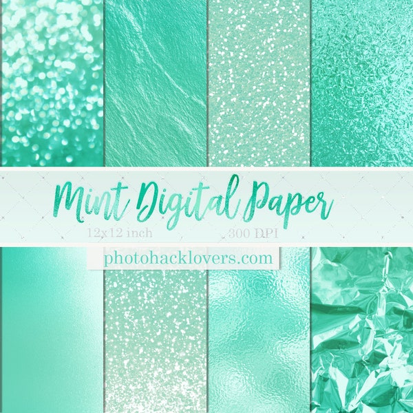 MINT digital paper- green background-  Glitter Digital Paper Pack - Metallic Digital Papers - digital paper bundle