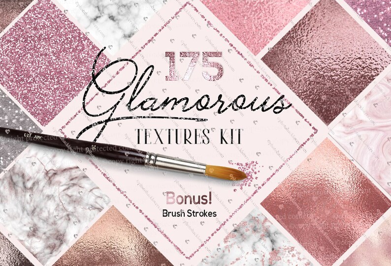 Puede incluir: Un collage de 175 texturas glamorosas en rosa, oro rosa y blanco. Las texturas incluyen purpurina, m&aacute;rmol, papel de aluminio y m&aacute;s. El texto "175 Glamorous Textures Kit" est&aacute; en el centro de la imagen. El texto "Bonus! Brush Strokes" est&aacute; en la esquina inferior derecha de la imagen.