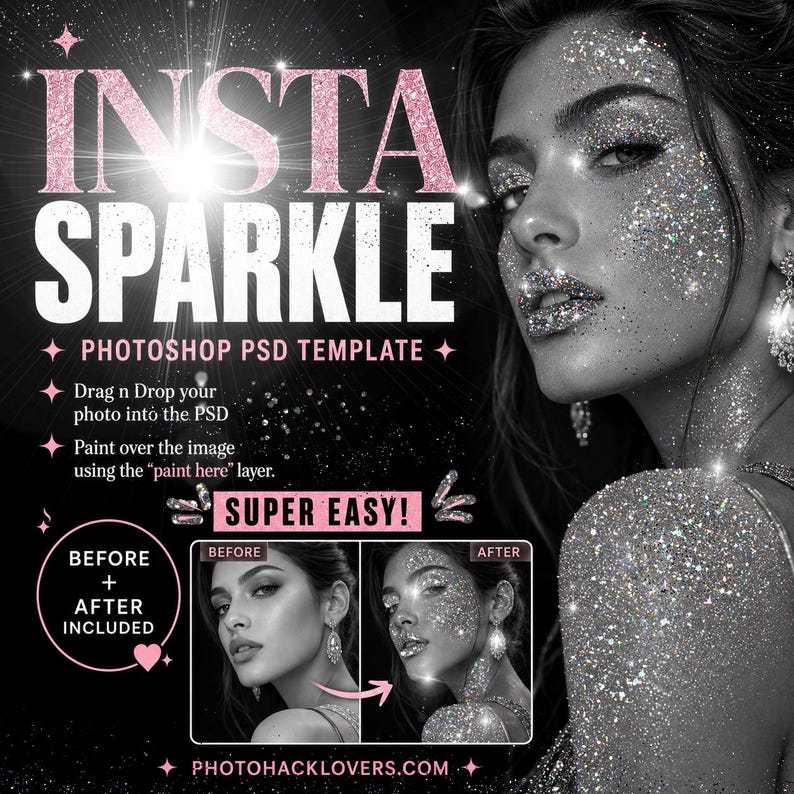 Może przedstawiać: Szablon PSD programu Photoshop zatytułowany INSTA SPARKLE, przedstawiający cyfrową grafikę osoby ze srebrnym brokatem na twarzy i ramieniu. Szablon zawiera instrukcje przeciągania i upuszczania zdjęć oraz malowania na obrazach z przykładem.
